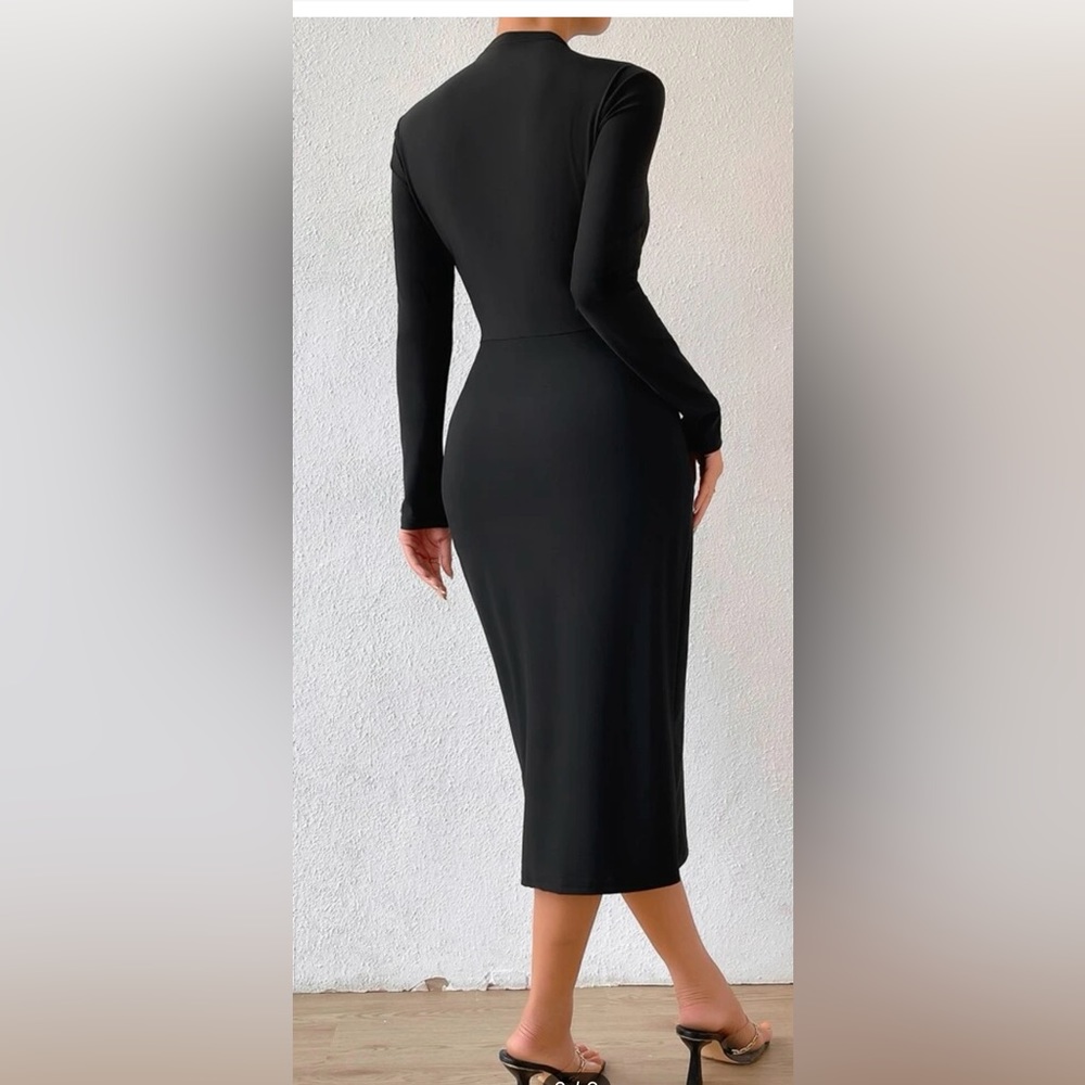 Mock Neck Ruched Split Thigh Dress Black XL/12 - Picture 2 of 5